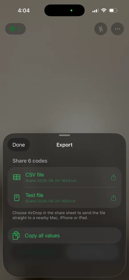The export sheet offering a CSV file and a text file for six codes,
                    with an option to copy all values.